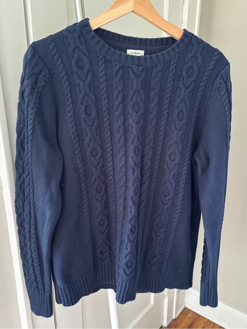 L.L.Bean Navy Blue Cable Knit Crewneck Sweater Cotton Fishermans Pullover Large